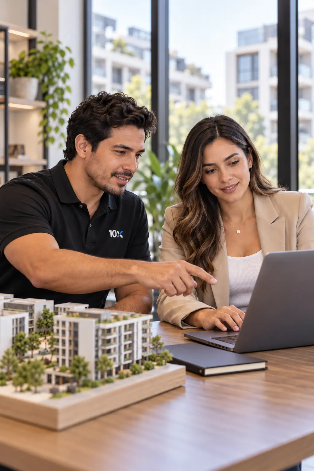 Dos personas colaborando frente a una computadora con un modelo de proyecto residencial sobre la mesa